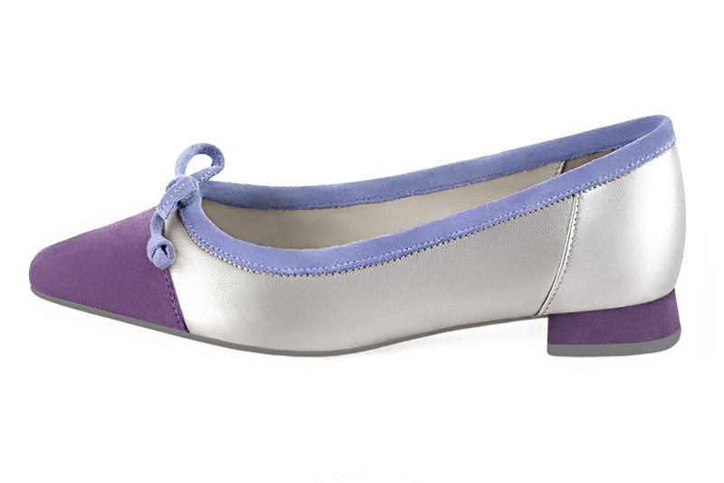 Amethyst purple and light silver women's ballet pumps, with low heels. Square toe. Flat flare heels. Profile view - Florence KOOIJMAN